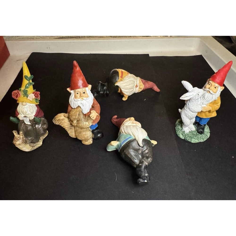 Set of 5 Miniature Garden Gnome Figurines Animals Snail Rabbit Squirrel Resin